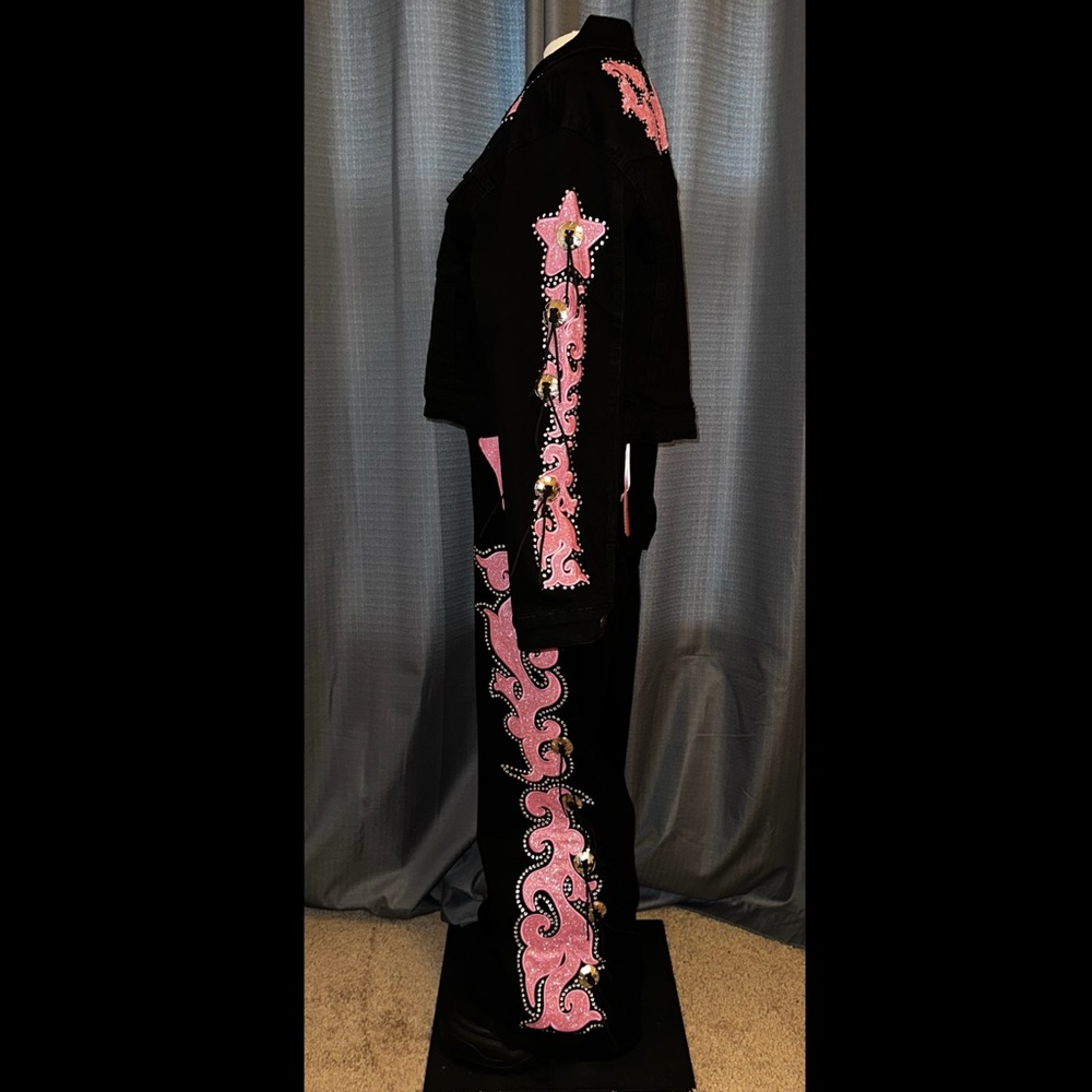 Sugar Thrillz Dolls Kill LONGING HEART Black Pink Denim Jacket Chaps SET L NWT - Picture 3 of 11